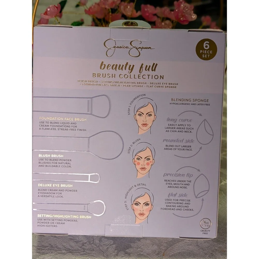 Jessica Simpson Beauty Full Brush Collection 6pc Brushes + Sponges Silver/Blue